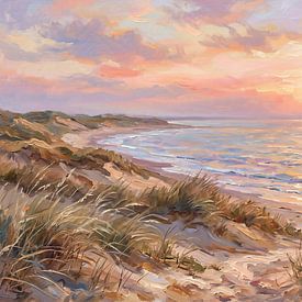 Eine Küstenlandschaft, die im sanften Licht eines Sonnenuntergangs badet von Manjik Pictures