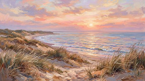 Een kustlandschap badend in het zachte licht van een zonsondergang