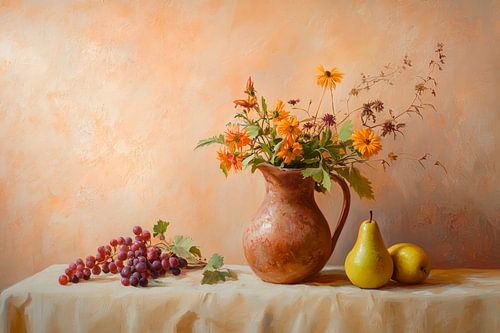 Des natures mortes vivantes avec des fleurs et des fruits