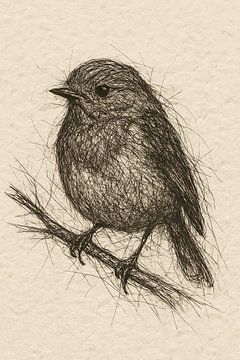 Draad portret roodborstje (vogelaar natuur vogel takje realistische tekening zwarte lijnen) van Natalie Bruns
