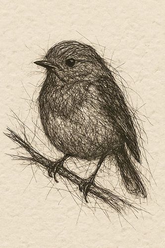 Draad portret roodborstje (vogelaar natuur vogel takje realistische tekening zwarte lijnen)