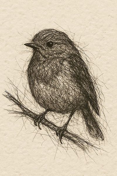 Draad portret roodborstje (vogelaar natuur vogel takje realistische tekening zwarte lijnen) van Natalie Bruns