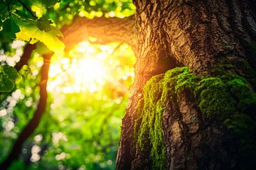 Zonlicht door boomtoppen