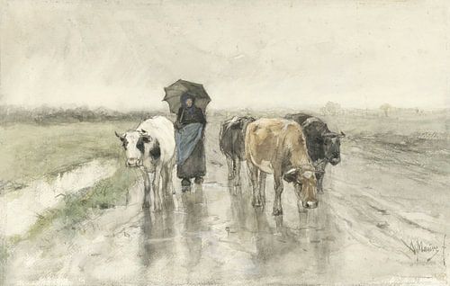 Une héritière avec des vaches sur une route de campagne sous la pluie, Anton Mauve