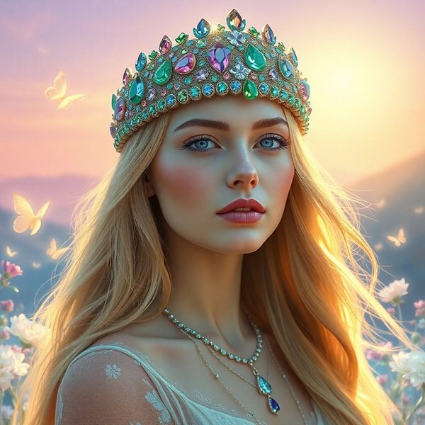 Koninklijke Vlinderpracht – Vrouw met Edelstenen Kroon van Kleurenrijk