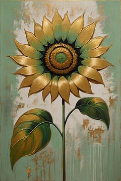 Elegante goldene Sonnenblume auf Grün von De Muurdecoratie
