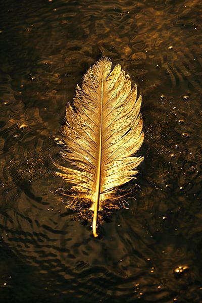 Goldene Feder schwimmt auf dunklem Wasser von Art & Soul Creations