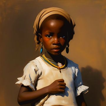 Afrikaans kindje. Meisje met hoofddoek poseert, olieverf effect van All Africa