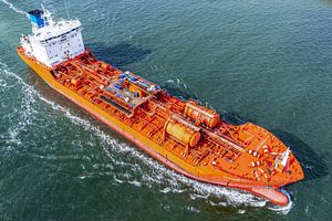 Tanker ship entering the port of IJmuiden seen from above
