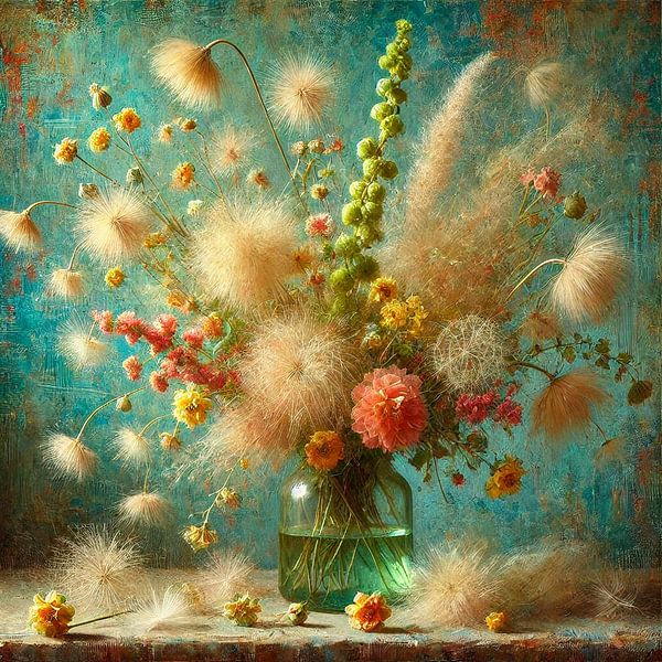 Kleurrijke Impressie van Wilde Bloemen op een Turquoise Achtergrond van Lieke van den Oord