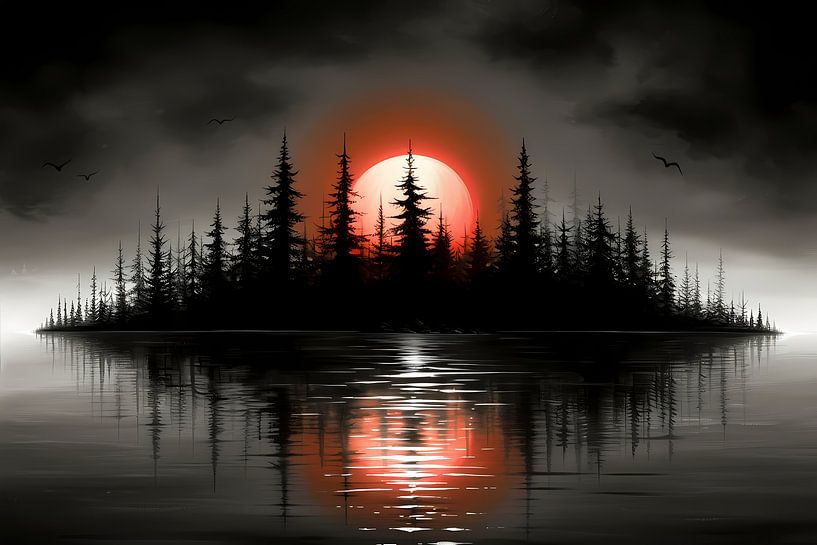 Minimalistische Malerei von Silhouette Insel und Sonnenaufgang von Art & Soul Creations