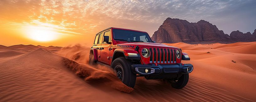 Roter Jeep Wrangler bei Sonnenuntergang in den Dünen von Lufy