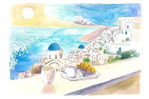 Majestätisches Santorin - Ein ruhiger Sonnenuntergang mit Blick auf türkisfarbenes Wasser und ikonis von Markus Bleichner