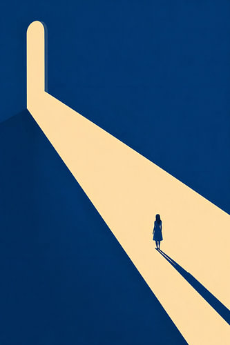 Minimalistisches Poster mit Frau im Lichtkegel und blauer Tür
