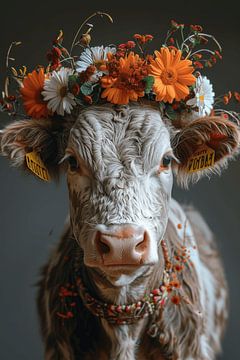 Décoration florale et idylle à la ferme : une vache avec une couronne de fleurs comme incarnation de la beauté rurale sur Felix Brönnimann