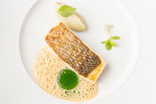 Geroosterde zeebaars met artisjok crème, basilicum en Verjus
