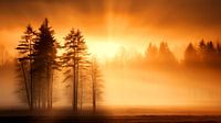 Gouden Zonsopkomst in het Mistige Dennenbos van Vlindertuin-Art thumbnail