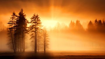 Goldener Sonnenaufgang im nebligen Kiefernwald von Vlindertuin Art