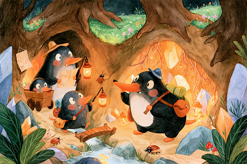 A family of moles on an exploration of an underground burrow beneath old tree roots