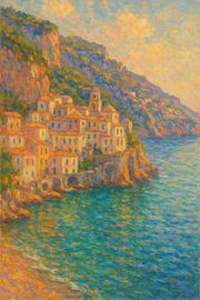 Kustdorp aan de Amalfikust – Zonnige mediterrane impressionistische prent van Travel Shop