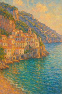 Amalfi Coast Cliffside Village – Sunny Mediterranean Impressionist Print