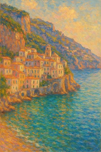 Kustdorp aan de Amalfikust – Zonnige mediterrane impressionistische prent