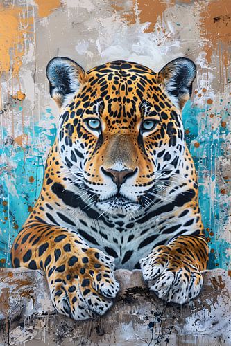 Surrealistisch schilderij van een jaguar met kleurrijke achtergrond