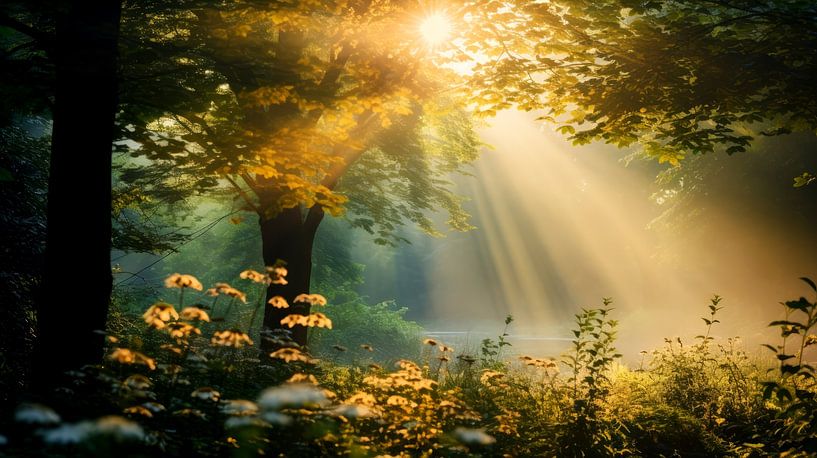 Jakobsleitern im Wald - Sonnenaufgang und Nebel von Vlindertuin-Art