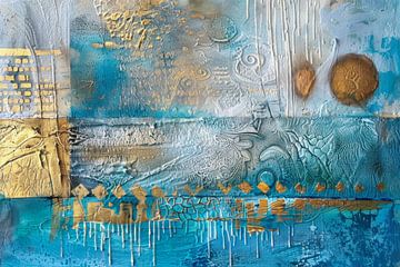 Abstract schilderij in turquoise en goud “Textures of Blue and Gold“ van Joriali Abstract