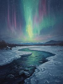 Northern Lights Over Frozen River Winter Landscape Oil Painting Style by Artistic