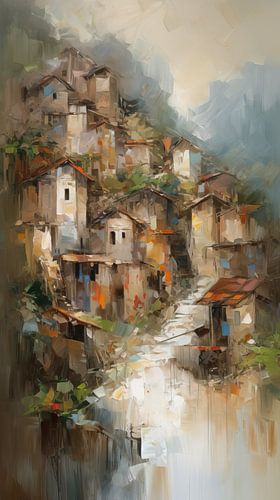 Peinture Minimaliste Village Tropical de Montagne