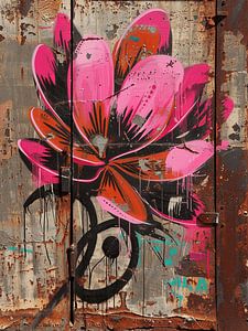 mur graffiti fleur rouge magnolia dégradation rouille passé