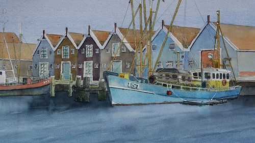 Watercolour of Zoutkamp harbour.