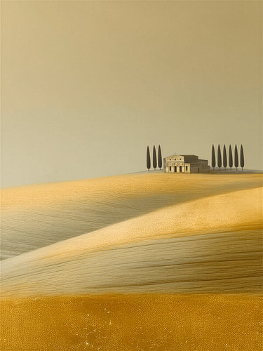 Minimalistische toskanische Landschaft mit Kirche und Zypressen