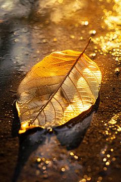 Herfstblad in gouden licht op natte ondergrond van De Muurdecoratie