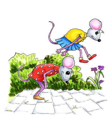 Watercolor illustration of playing mouse children at the street
