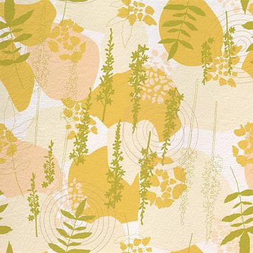 Blumen im Retro-Stil. Moderne abstrakte botanische Kunst in gelb, grün, rosa von Dina Dankers