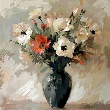 Vase de fleurs aux couleurs blanc, sable et noir Impressionnisme sur Natasja Haandrikman