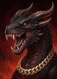 Dragon rugissant de dark fantasy avec chaîne en or