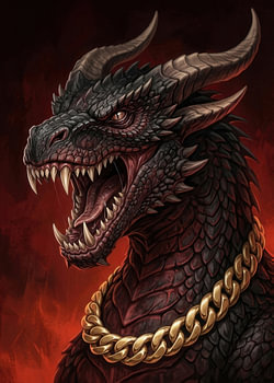 Brüllender Dark-Fantasy-Drache mit goldener Kette
