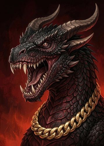 Roaring Dark Fantasy Dragon with Gold Chain