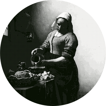 Het Melkmeisje  Johannes Vermeer - in dual tone dots - zwart wit van by Maria