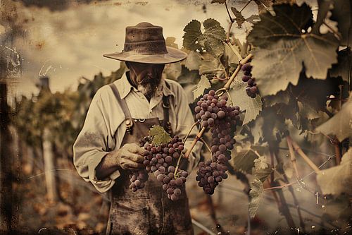 Oude wijnboer verzorgt zijn druiven