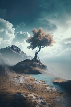 Eenzame boom in een surrealistisch landschap 9 van Digitale Schilderijen