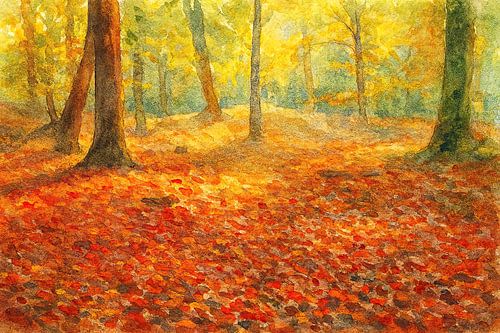 Wandeling door het herfstbos (AI) (herfst, seizoenen, zonlicht, herfsttinten, aquarel schilderij, dromerig, rustgevend, natuur, zen))