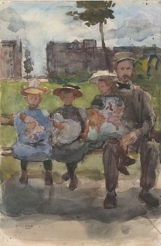 Man met drie meisjes op een bank in het Oosterpark te Amsterdam, Isaac Israels, ca. 1886 - ca. 1904