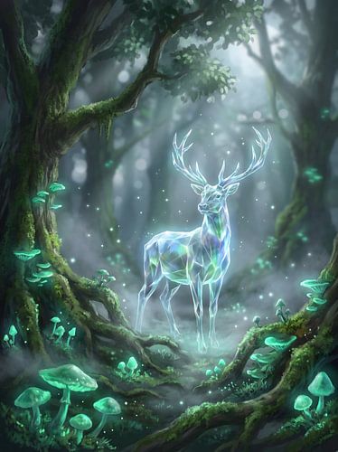 Mystieke kristallen hert in een betoverend bos dat gloeit van de bioluminescentie