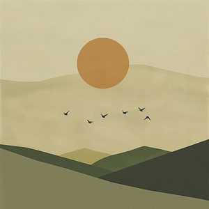 Green sunrise with birds - Minimalist landscape art