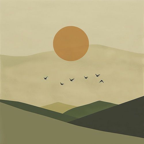 Groene zonsopgang met vogels - Minimalistische landschapskunst