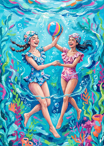 Vrolijke tieners die onder water met een bal spelen